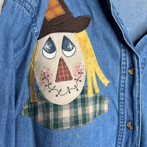 vintage 90s 1990s retro fall autumn Scarecrow patchwork denim button-up shirt xl - Picture 7 of 8
